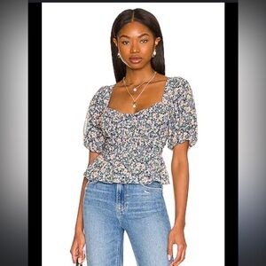 Astr Floral Puff Sleeve Blouse - Blue and Pink